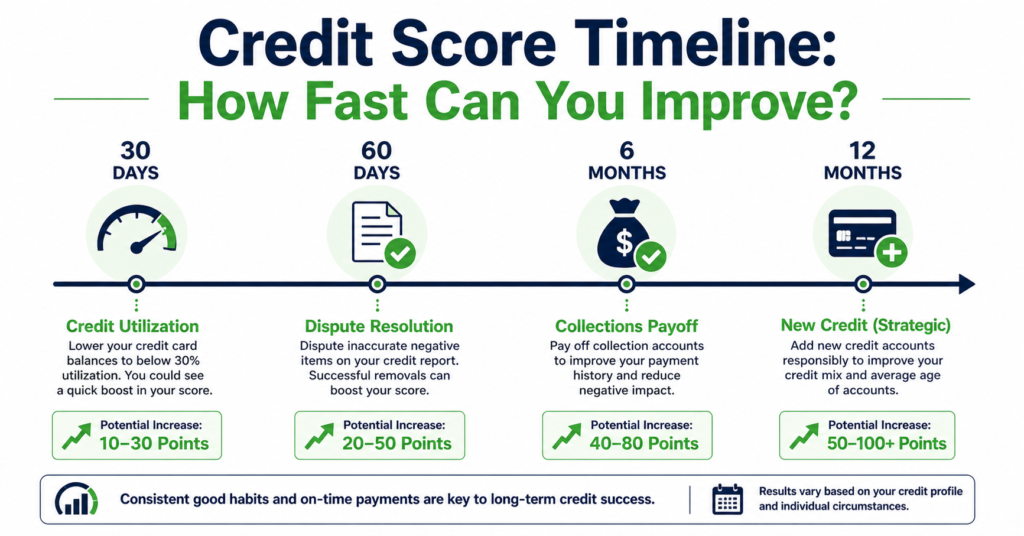 Timeline showing how quickly credit score can increase using different strategies