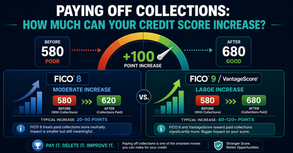 How much will credit score increase after paying off collections under FICO 8 vs FICO 9