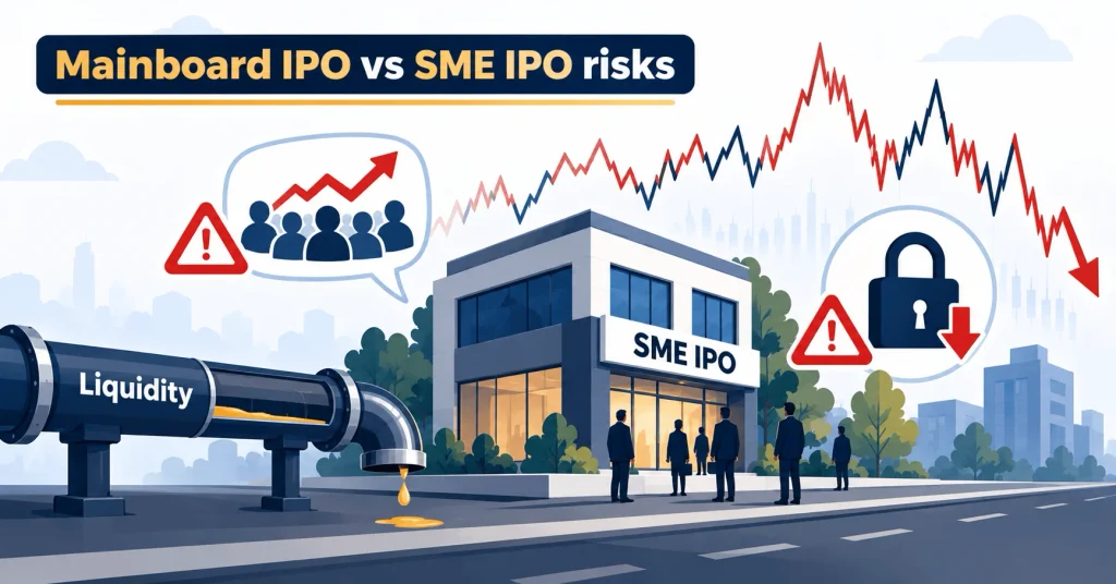 SME IPO risks including low liquidity and sharp price swings in the Mainboard IPO vs SME IPO comparison