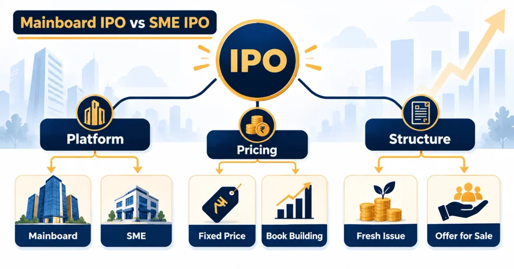Types of IPOs classified by platform, pricing method and structure, including Mainboard IPO vs SME IPO