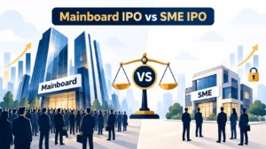 Mainboard IPO vs SME IPO comparison illustration showing a large and a small company building