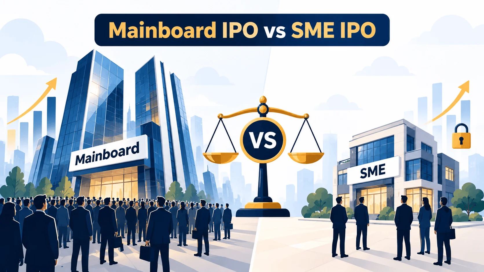 Mainboard IPO vs SME IPO comparison illustration showing a large and a small company building