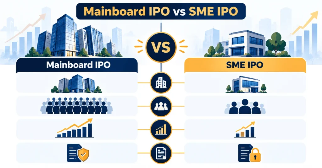 Side-by-side Mainboard IPO vs SME IPO comparison of size, investors, liquidity and reporting.